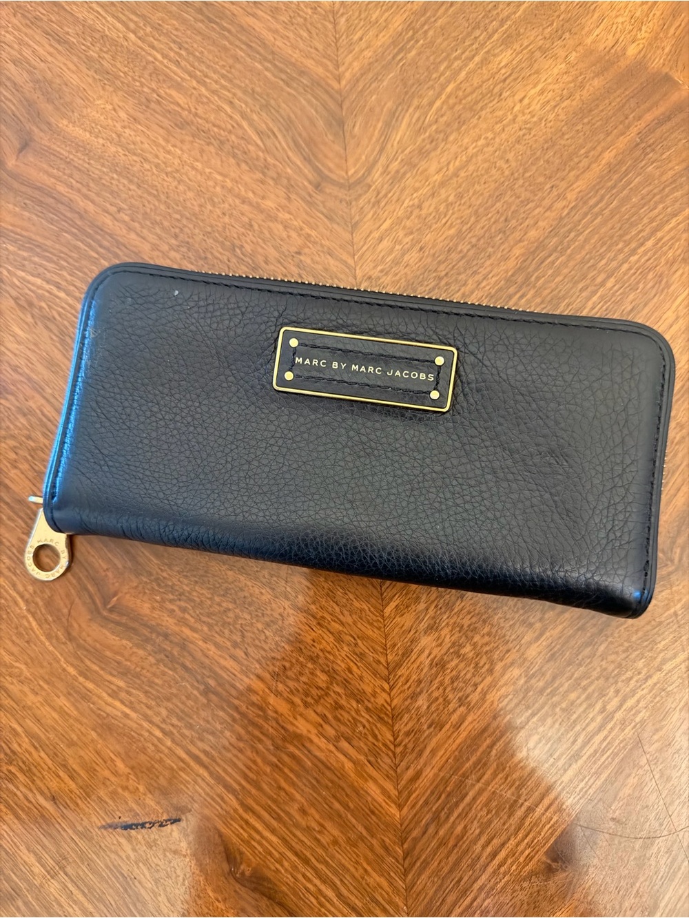 Marc by Marc Jacobs Black Leather Zip-Around Wallet with Gold Plaque